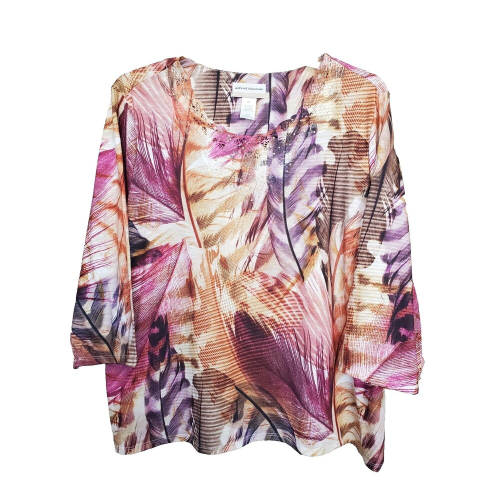 Alfred Dunner Woman Wine Country Feathers Lace Detail Studded Top Size 3X